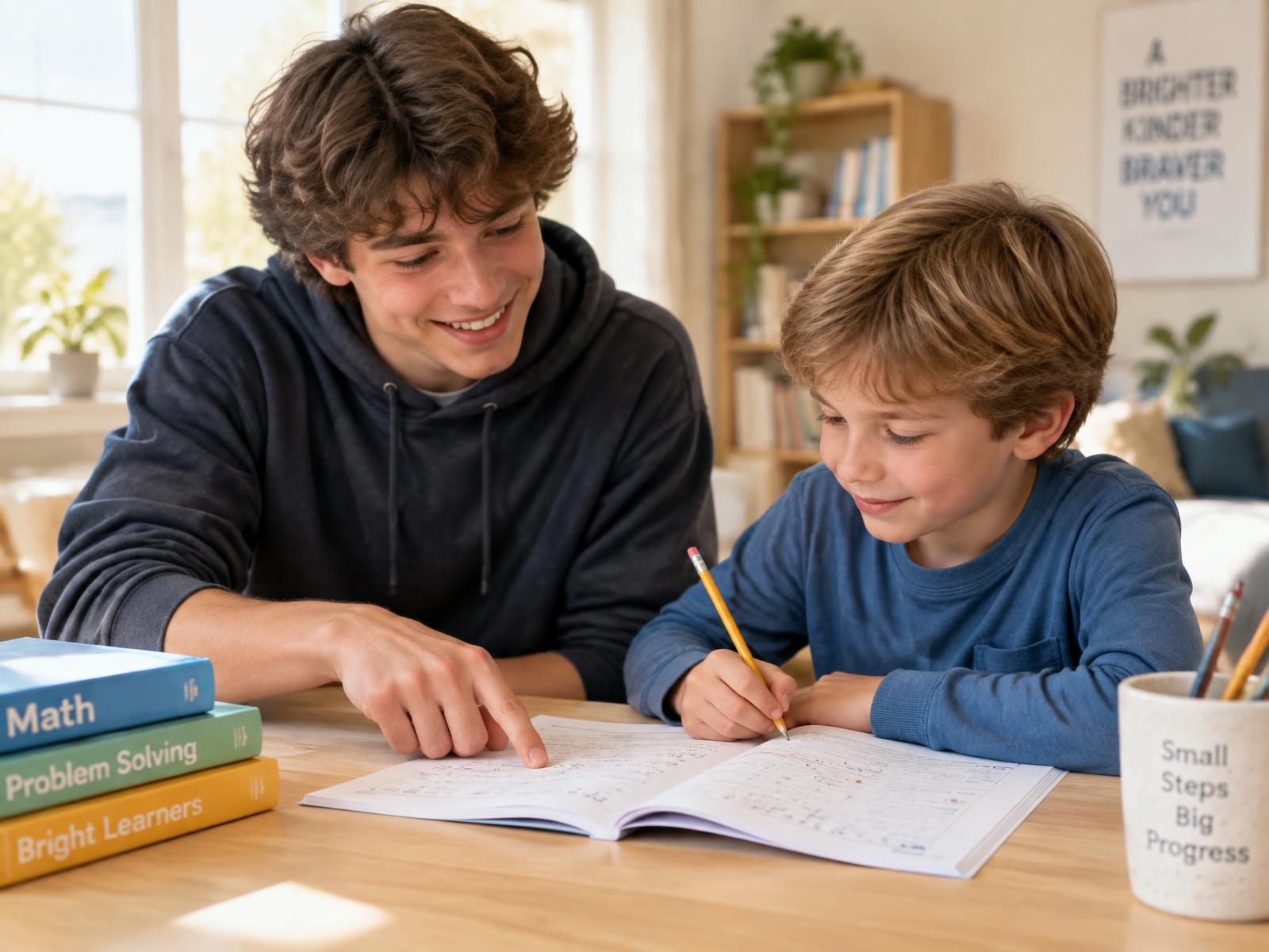 A teenage tutor helping a younger student with a math workbook at a sunlit table